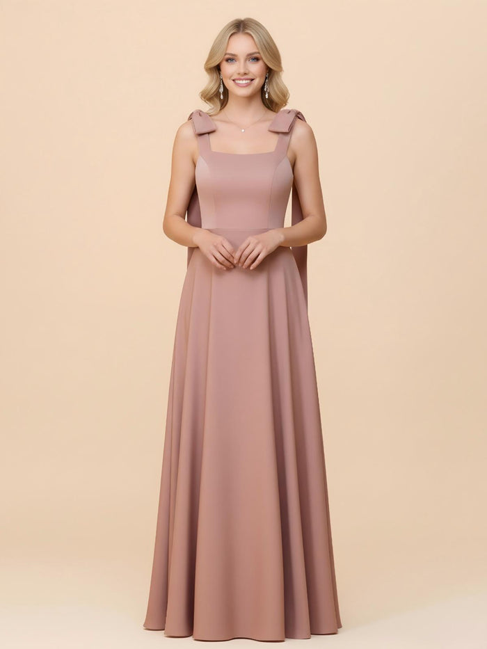 Spaghetti Straps Satin A Line Bridesmaid Dresses with Bow