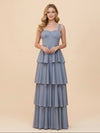 Spaghetti Straps Tiered Satin Bridesmaid Dresses with Ruffles