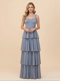 Spaghetti Straps Tiered Satin Bridesmaid Dresses with Ruffles