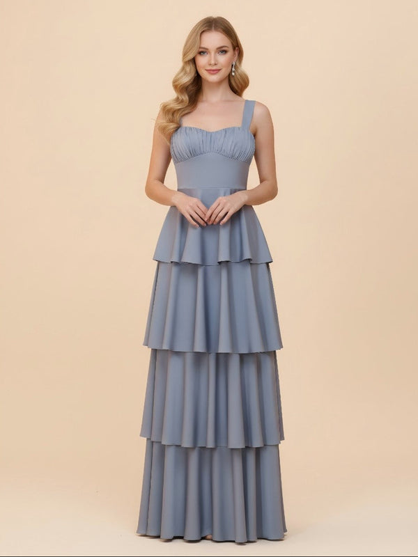 Spaghetti Straps Tiered Satin Bridesmaid Dresses with Ruffles