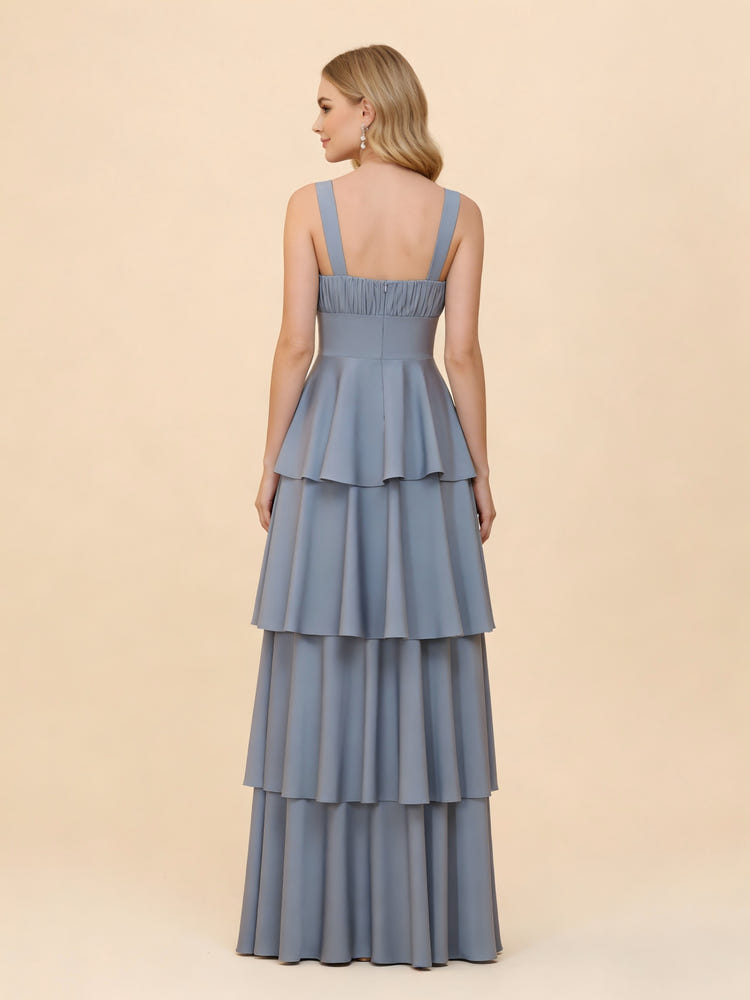 Spaghetti Straps Tiered Satin Bridesmaid Dresses with Ruffles