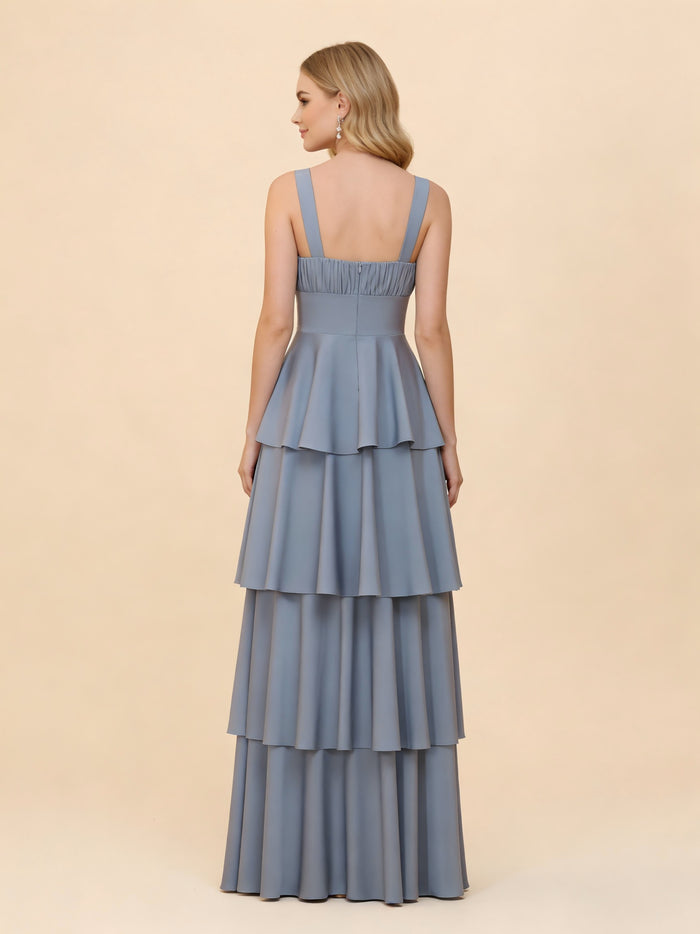 Spaghetti Straps Tiered Satin Bridesmaid Dresses with Ruffles