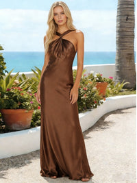 Satin Sheath Halter Pleated Bridesmaid Dresses