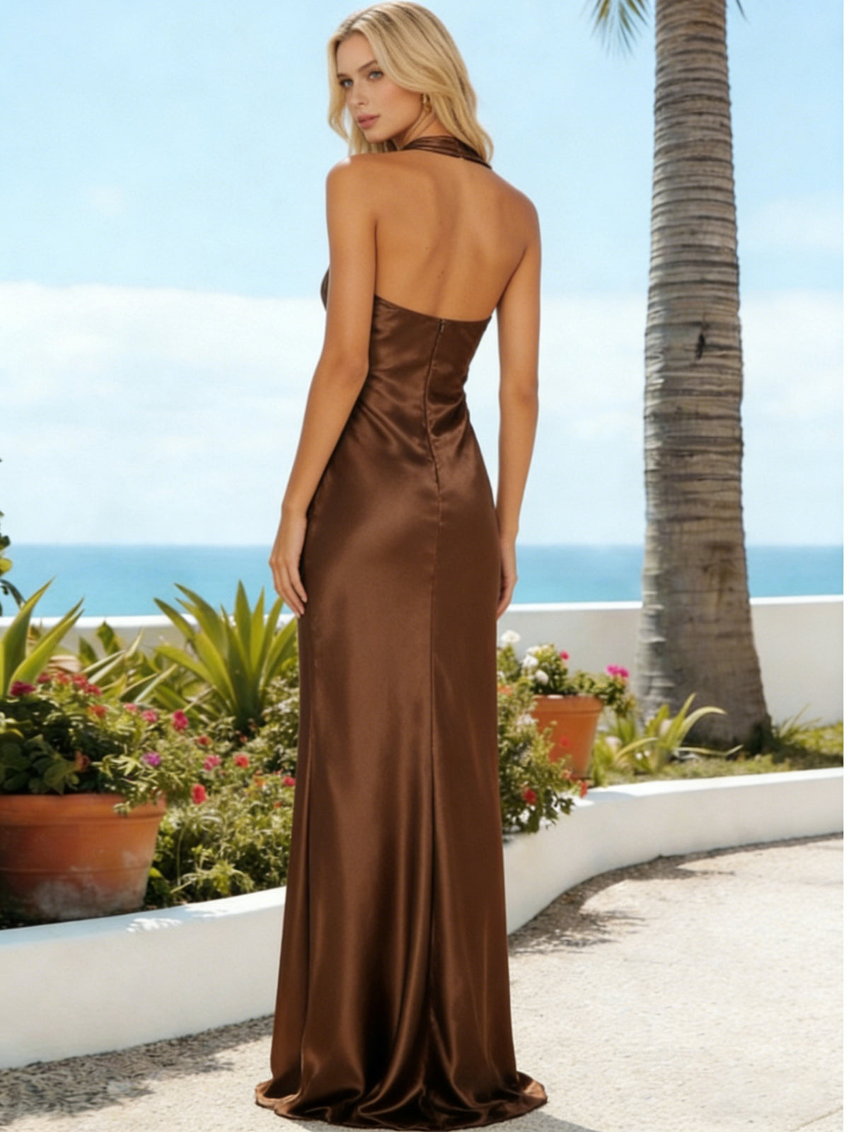 Satin Sheath Halter Pleated Bridesmaid Dresses