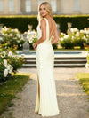 Satin A Line Cowl Neck Side Slit Bridesmaid Dresses