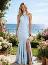Satin Sheath Halter Pleated Bridesmaid Dresses
