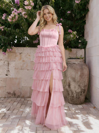 Tulle Spaghetti Straps Formal Dresses with Slit