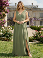 Chiffon V Neck Pleated Bridesmaid Dresses with Slit