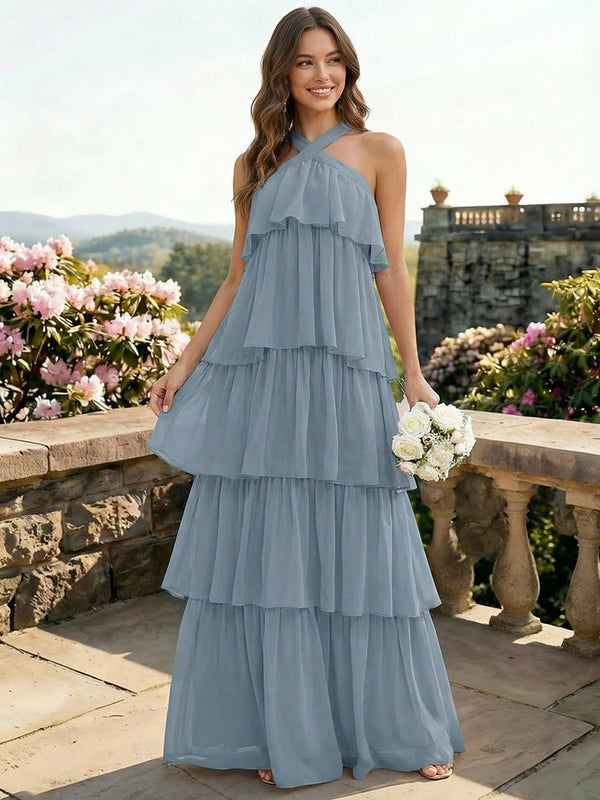 Chiffon Halter Tiered A Line Bridesmaid Dresses
