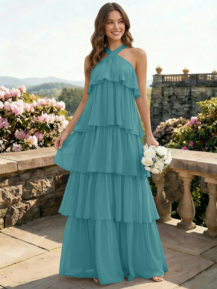 Chiffon Halter Tiered A Line Bridesmaid Dresses