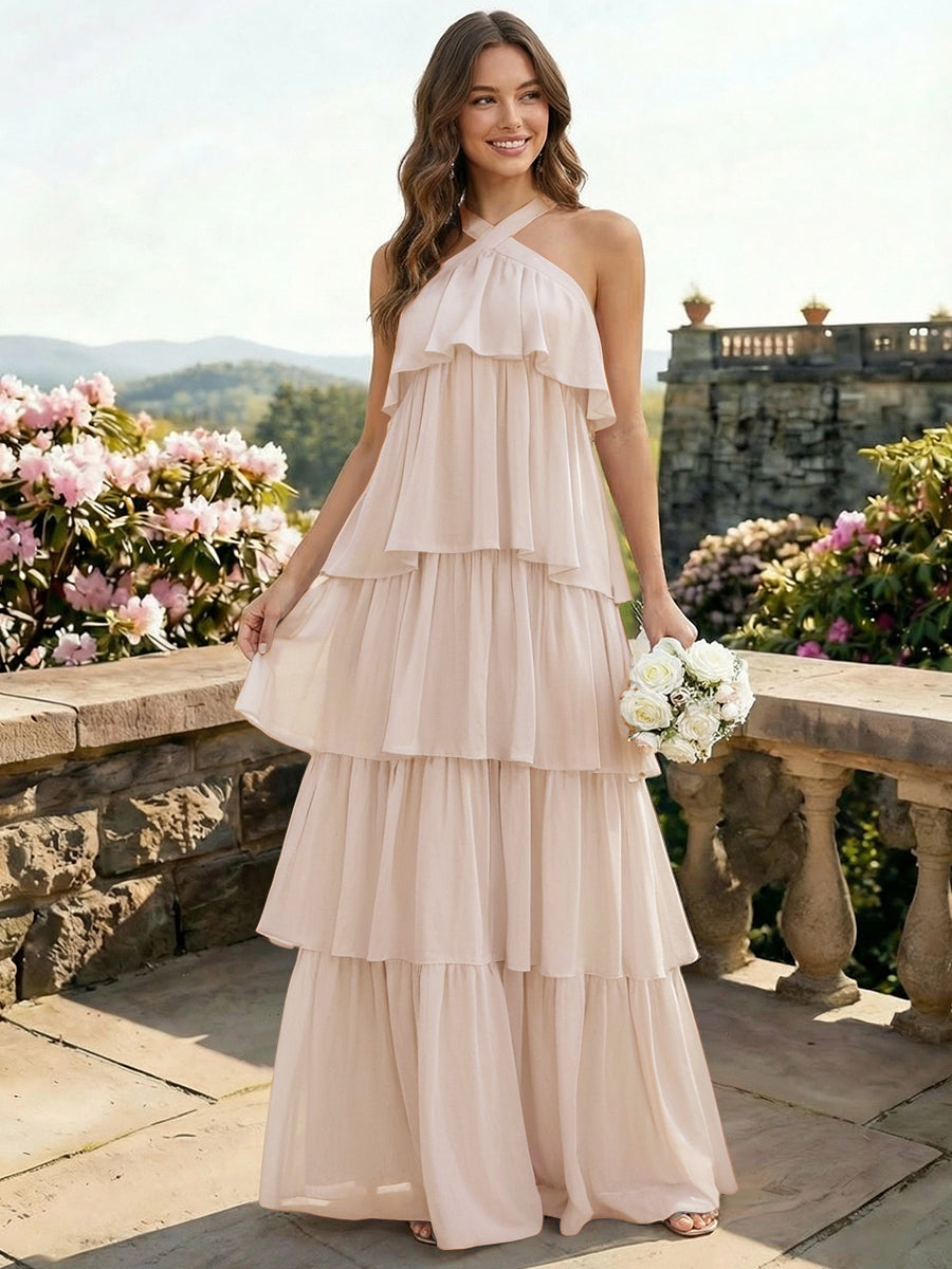 Chiffon Halter Tiered A Line Bridesmaid Dresses