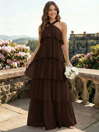 Chiffon Halter Tiered A Line Bridesmaid Dresses