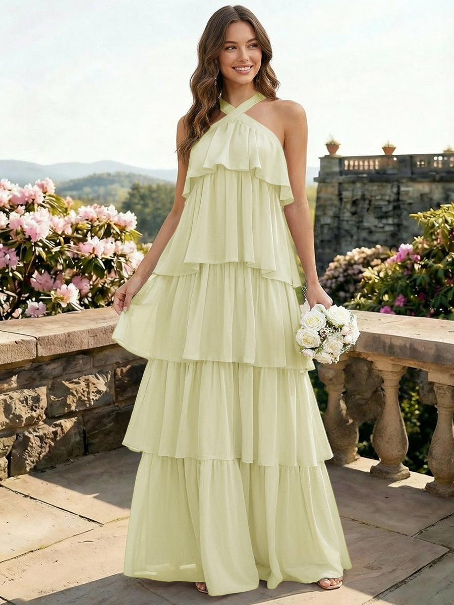 Chiffon Halter Tiered A Line Bridesmaid Dresses