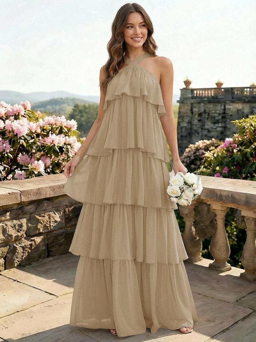 Chiffon Halter Tiered A Line Bridesmaid Dresses