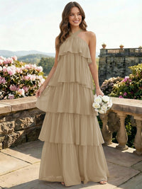 Chiffon Halter Tiered A Line Bridesmaid Dresses