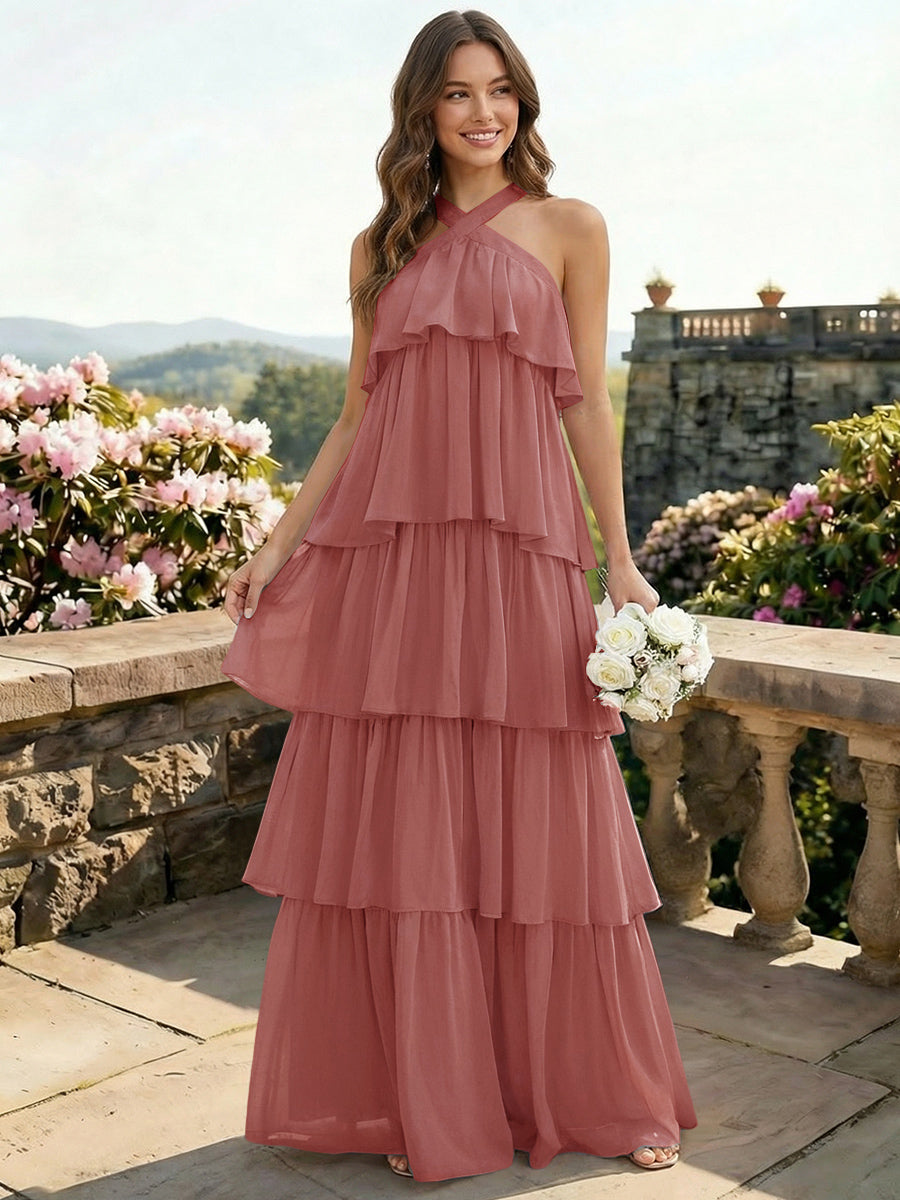 Chiffon Halter Tiered A Line Bridesmaid Dresses