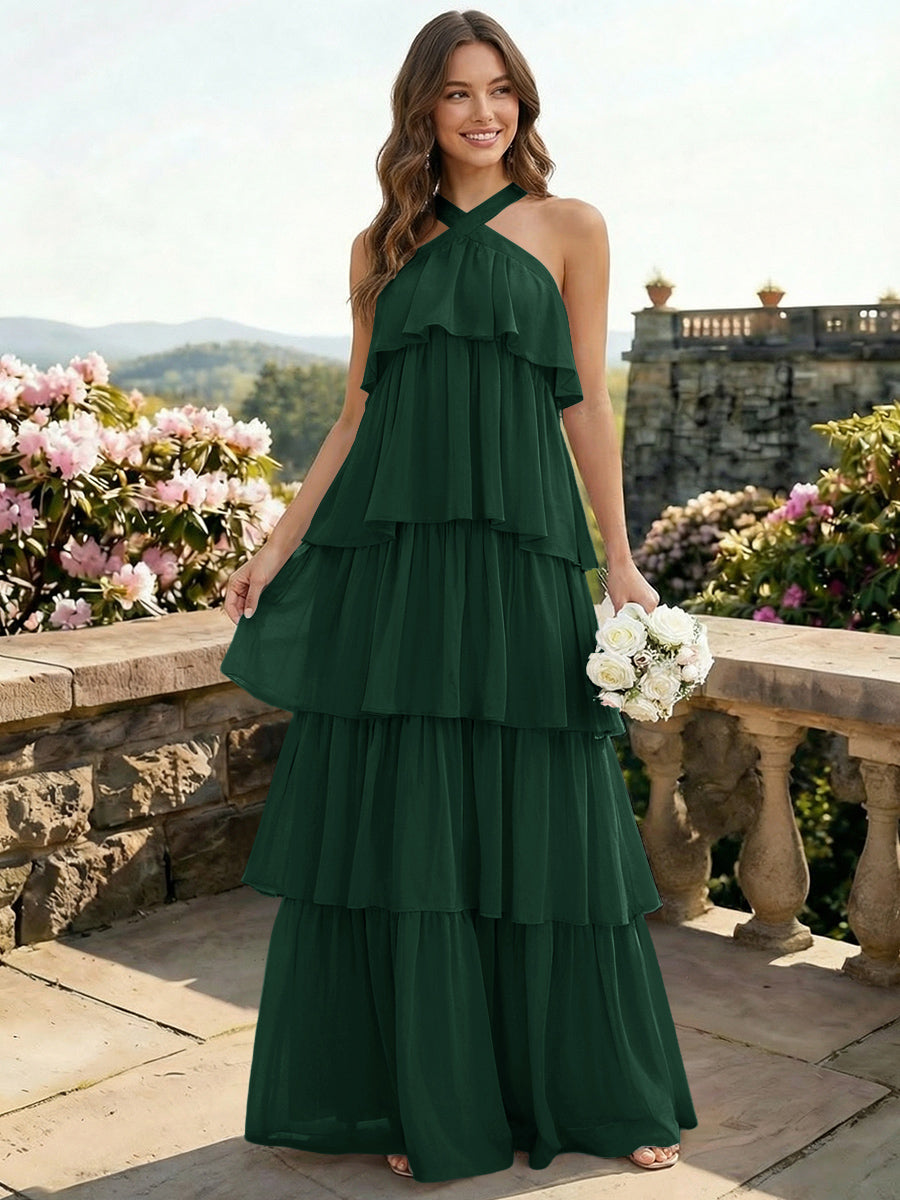 Chiffon Halter Tiered A Line Bridesmaid Dresses
