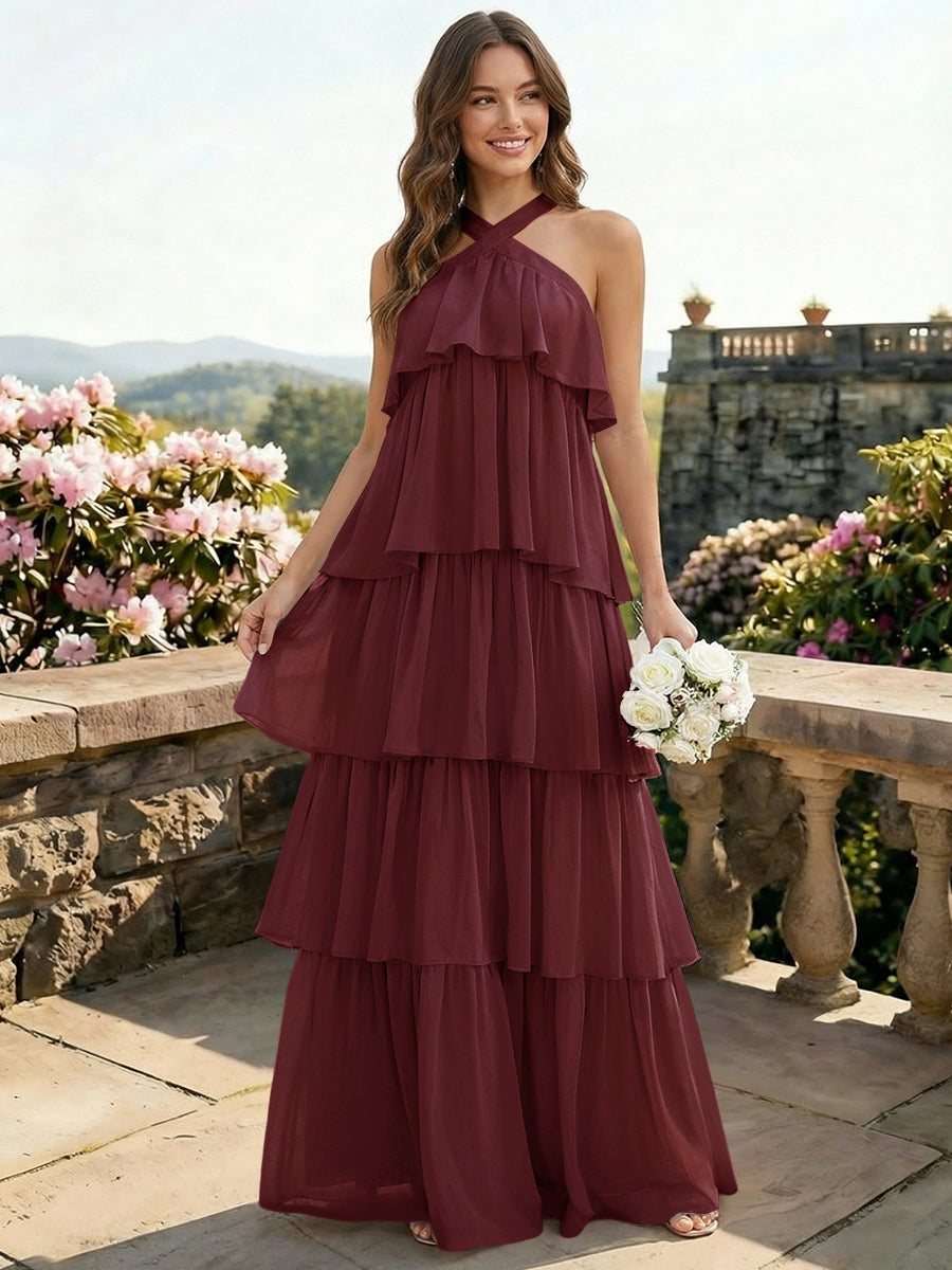 Chiffon Halter Tiered A Line Bridesmaid Dresses