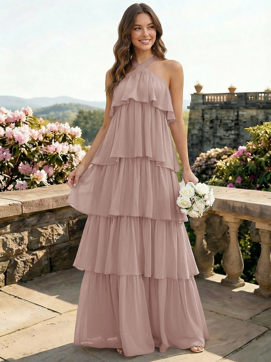 Chiffon Halter Tiered A Line Bridesmaid Dresses