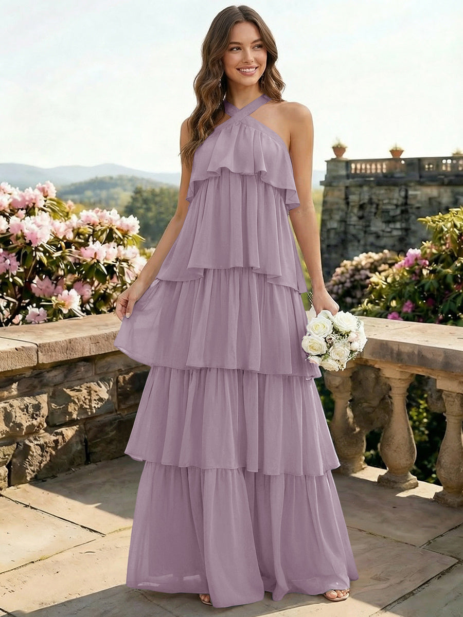 Chiffon Halter Tiered A Line Bridesmaid Dresses