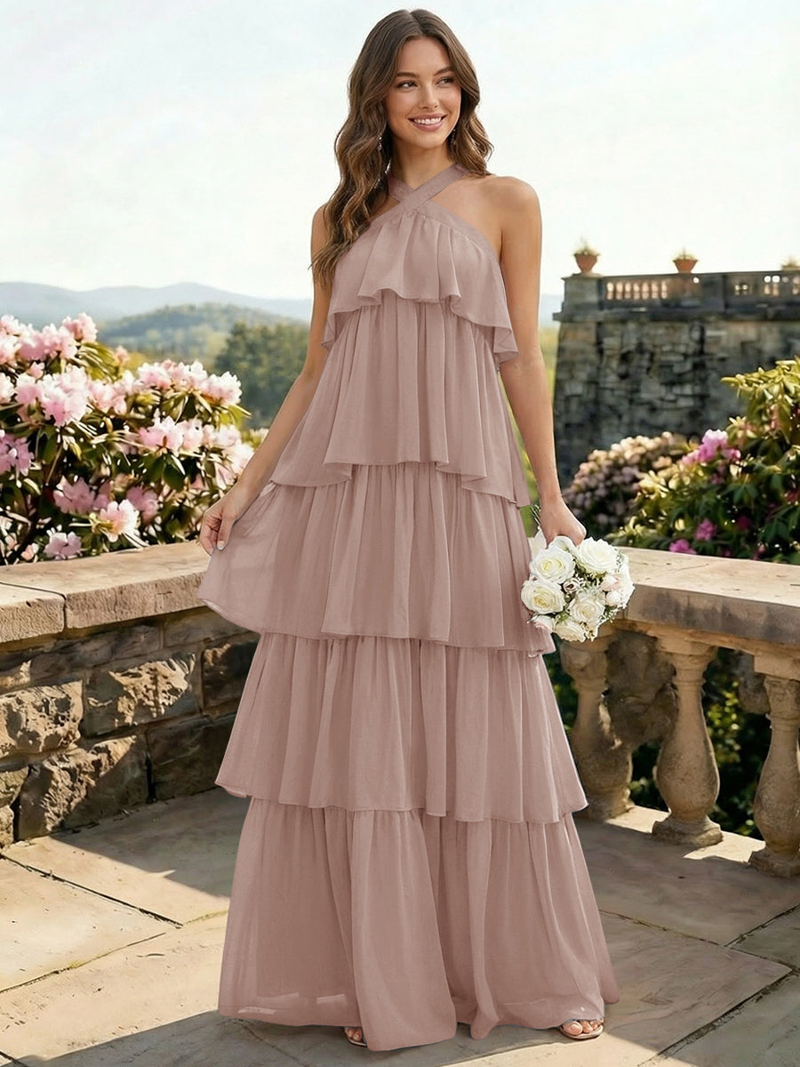 Chiffon Halter Tiered A Line Bridesmaid Dresses