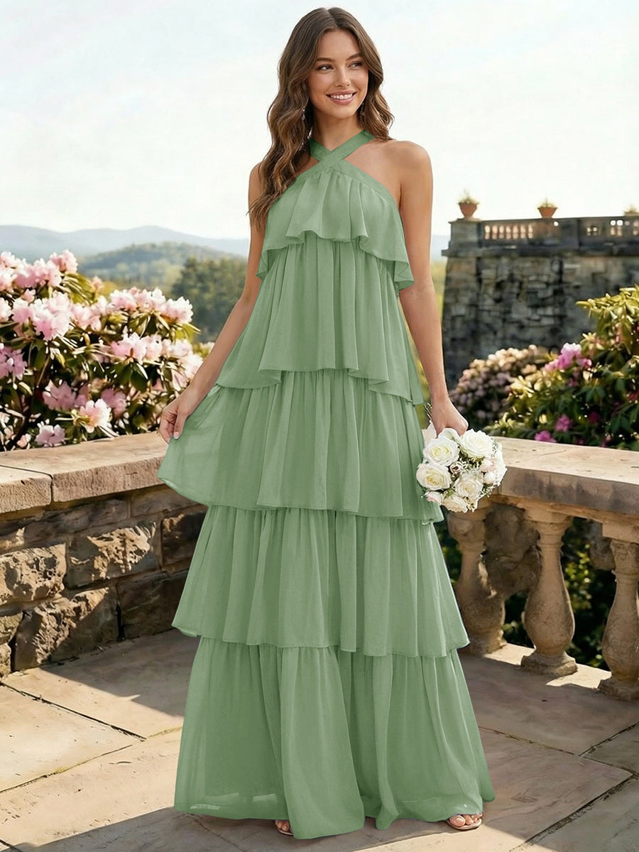 Chiffon Halter Tiered A Line Bridesmaid Dresses