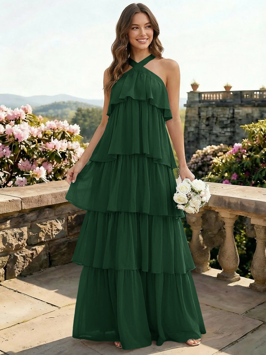 Chiffon Halter Tiered A Line Bridesmaid Dresses