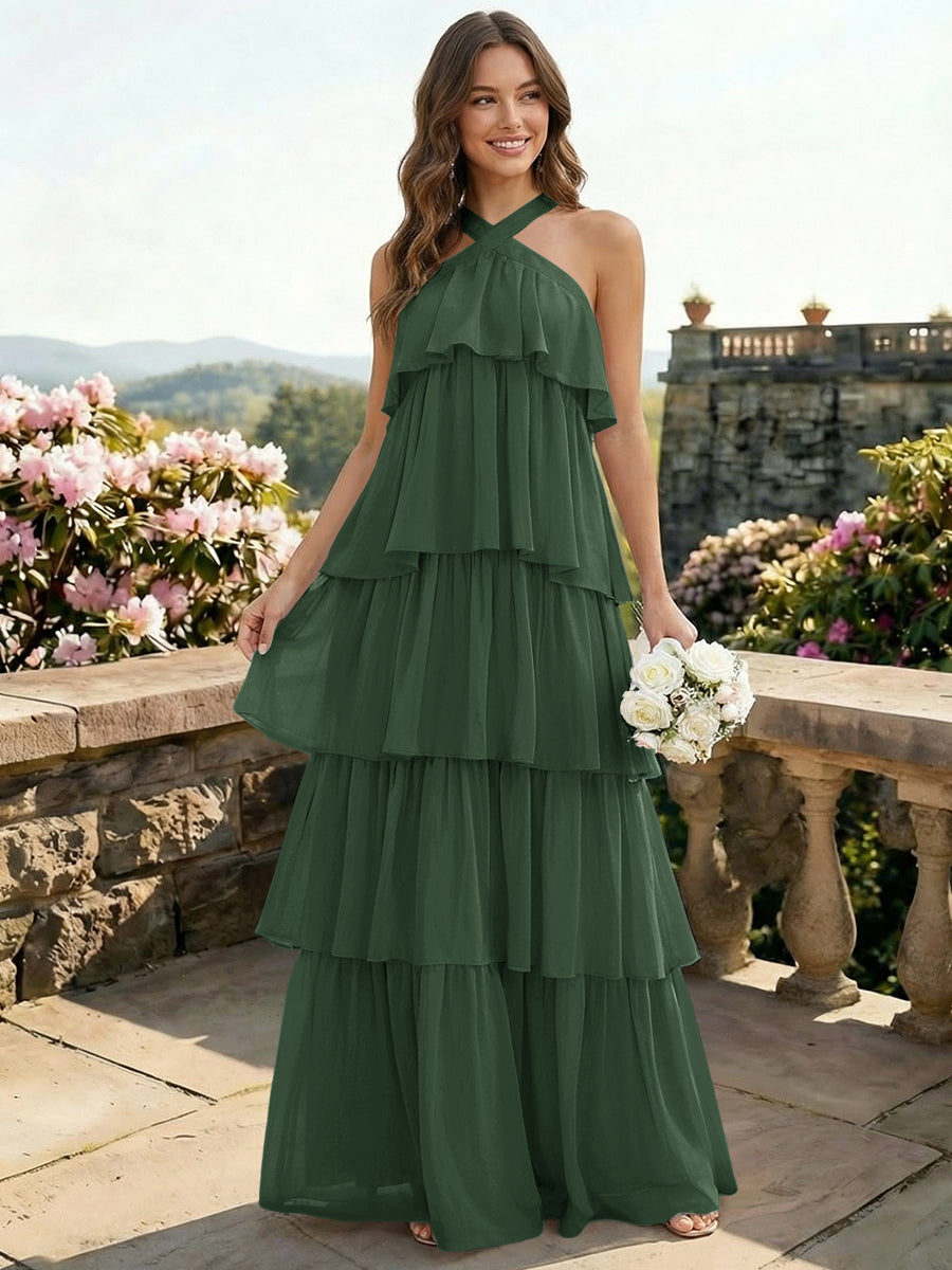 Chiffon Halter Tiered A Line Bridesmaid Dresses