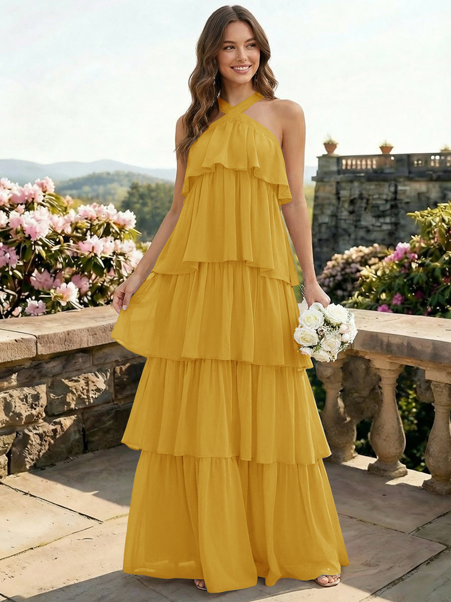 Chiffon Halter Tiered A Line Bridesmaid Dresses