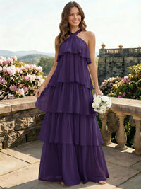 Chiffon Halter Tiered A Line Bridesmaid Dresses