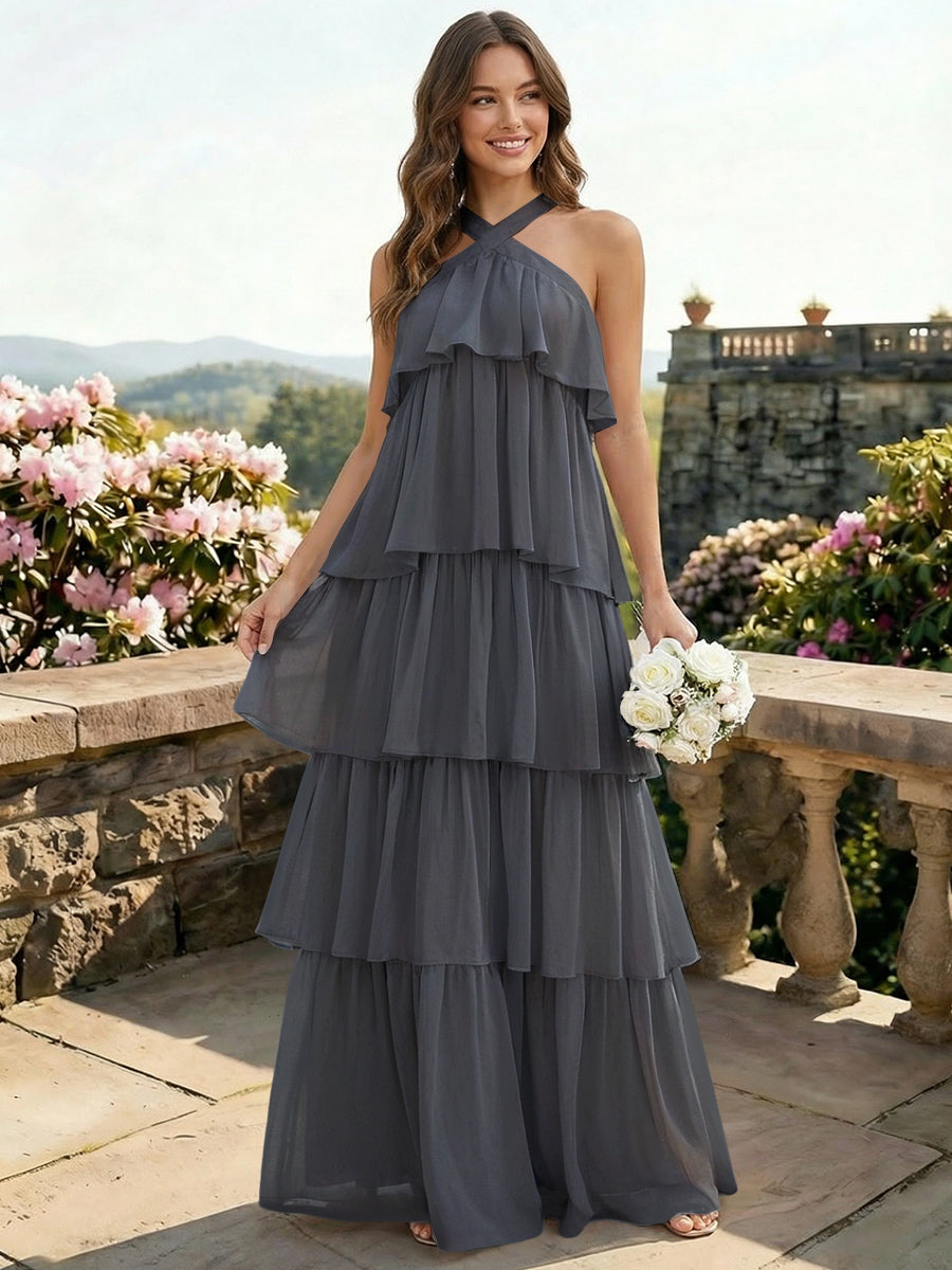 Chiffon Halter Tiered A Line Bridesmaid Dresses