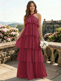 Chiffon Halter Tiered A Line Bridesmaid Dresses