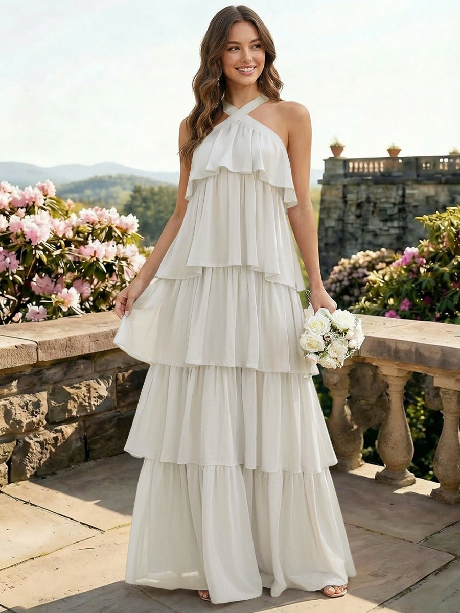 Chiffon Halter Tiered A Line Bridesmaid Dresses