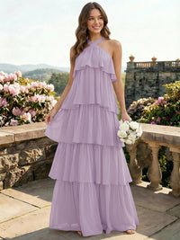 Chiffon Halter Tiered A Line Bridesmaid Dresses