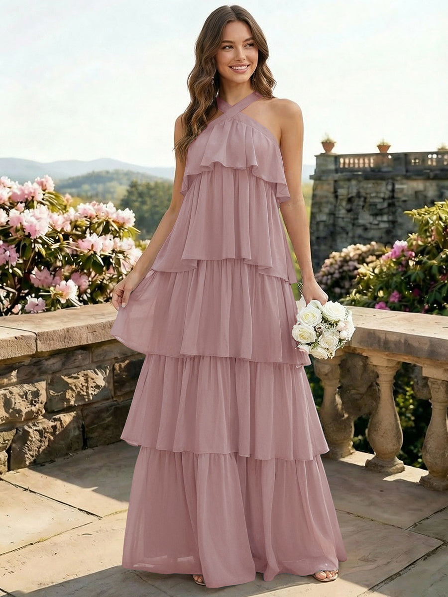 Chiffon Halter Tiered A Line Bridesmaid Dresses
