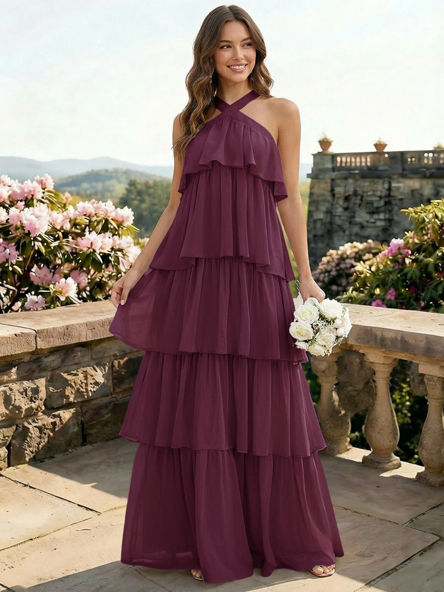 Chiffon Halter Tiered A Line Bridesmaid Dresses