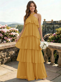 Chiffon Halter Tiered A Line Bridesmaid Dresses