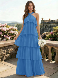 Chiffon Halter Tiered A Line Bridesmaid Dresses