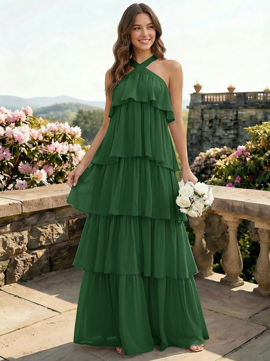 Chiffon Halter Tiered A Line Bridesmaid Dresses