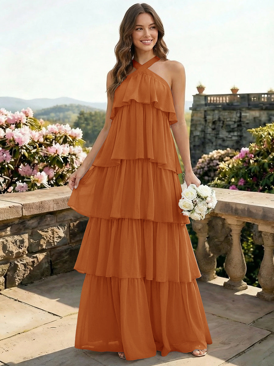 Chiffon Halter Tiered A Line Bridesmaid Dresses