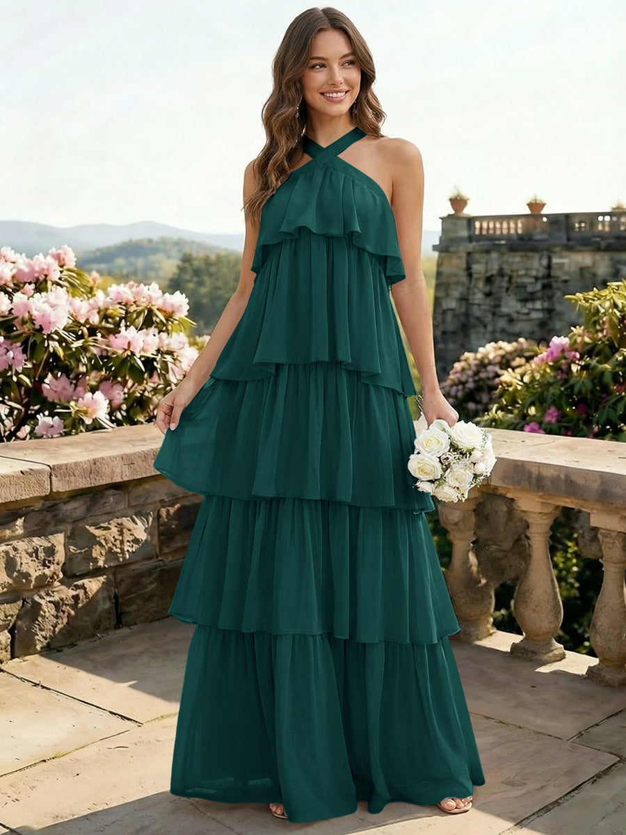Chiffon Halter Tiered A Line Bridesmaid Dresses