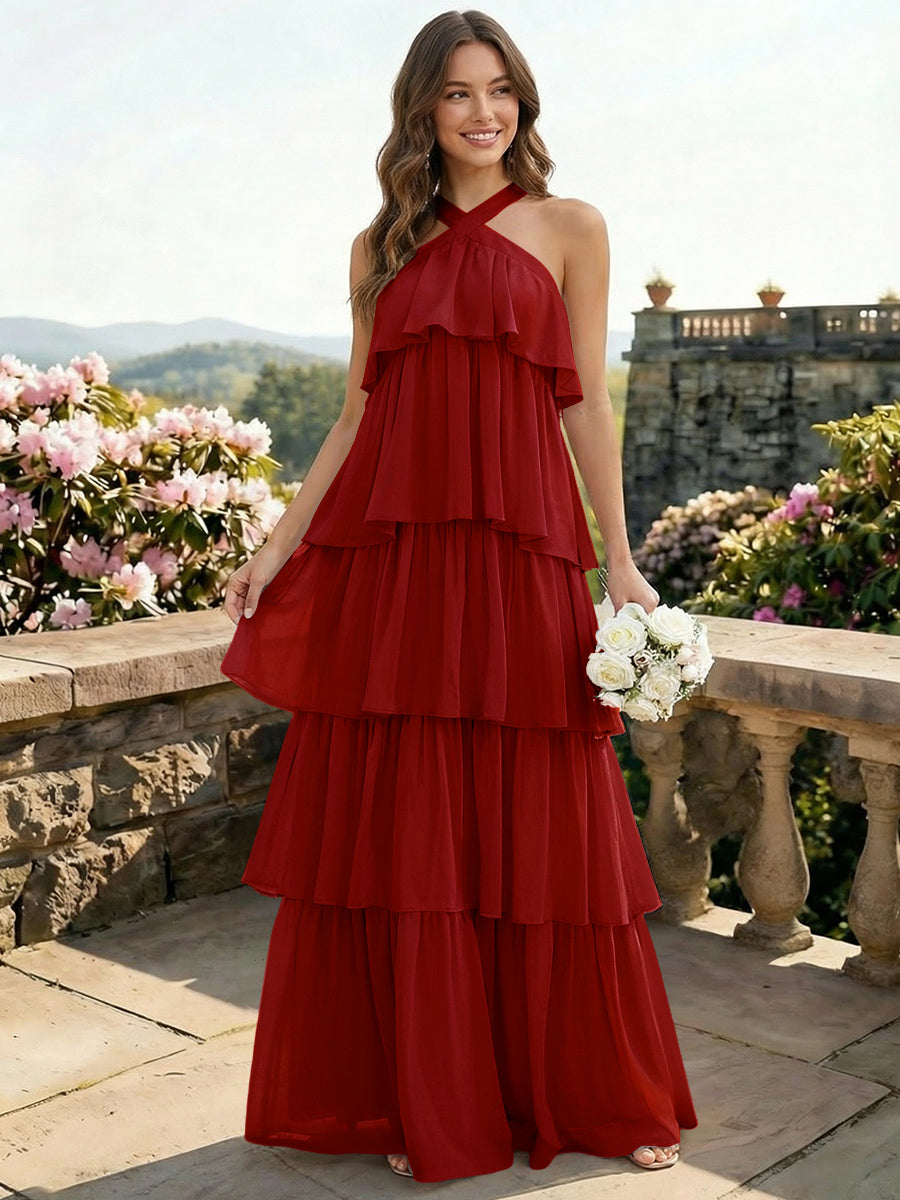 Chiffon Halter Tiered A Line Bridesmaid Dresses