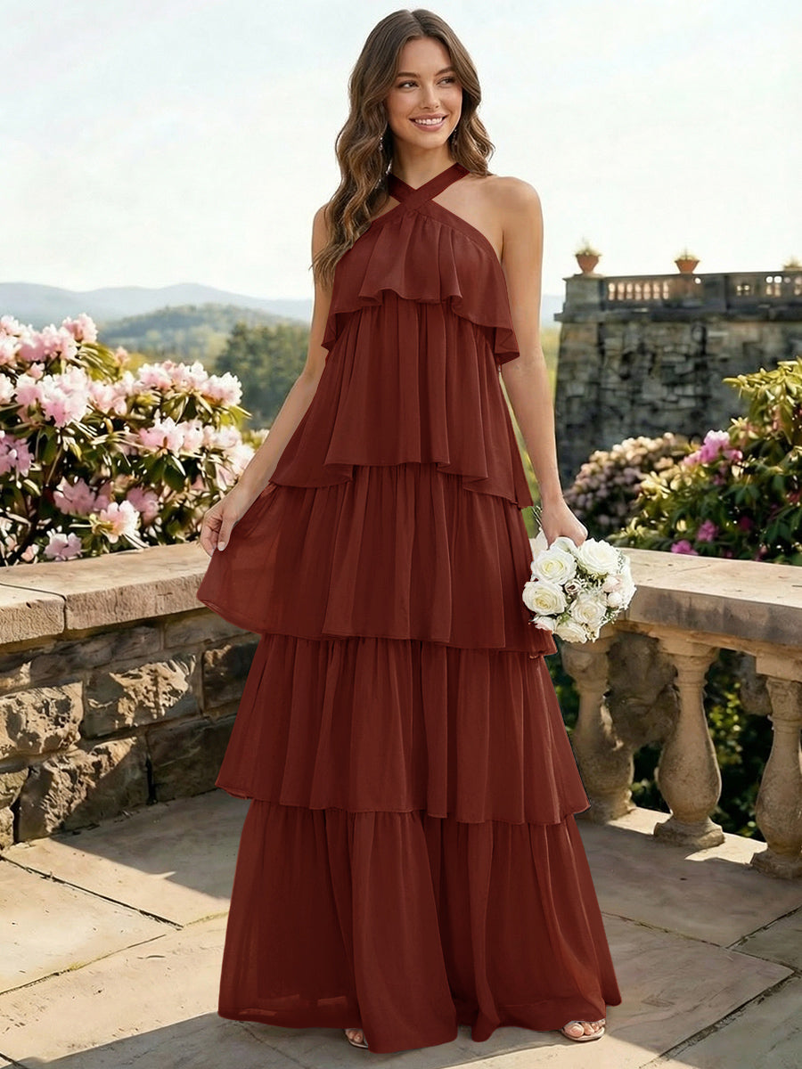 Chiffon Halter Tiered A Line Bridesmaid Dresses