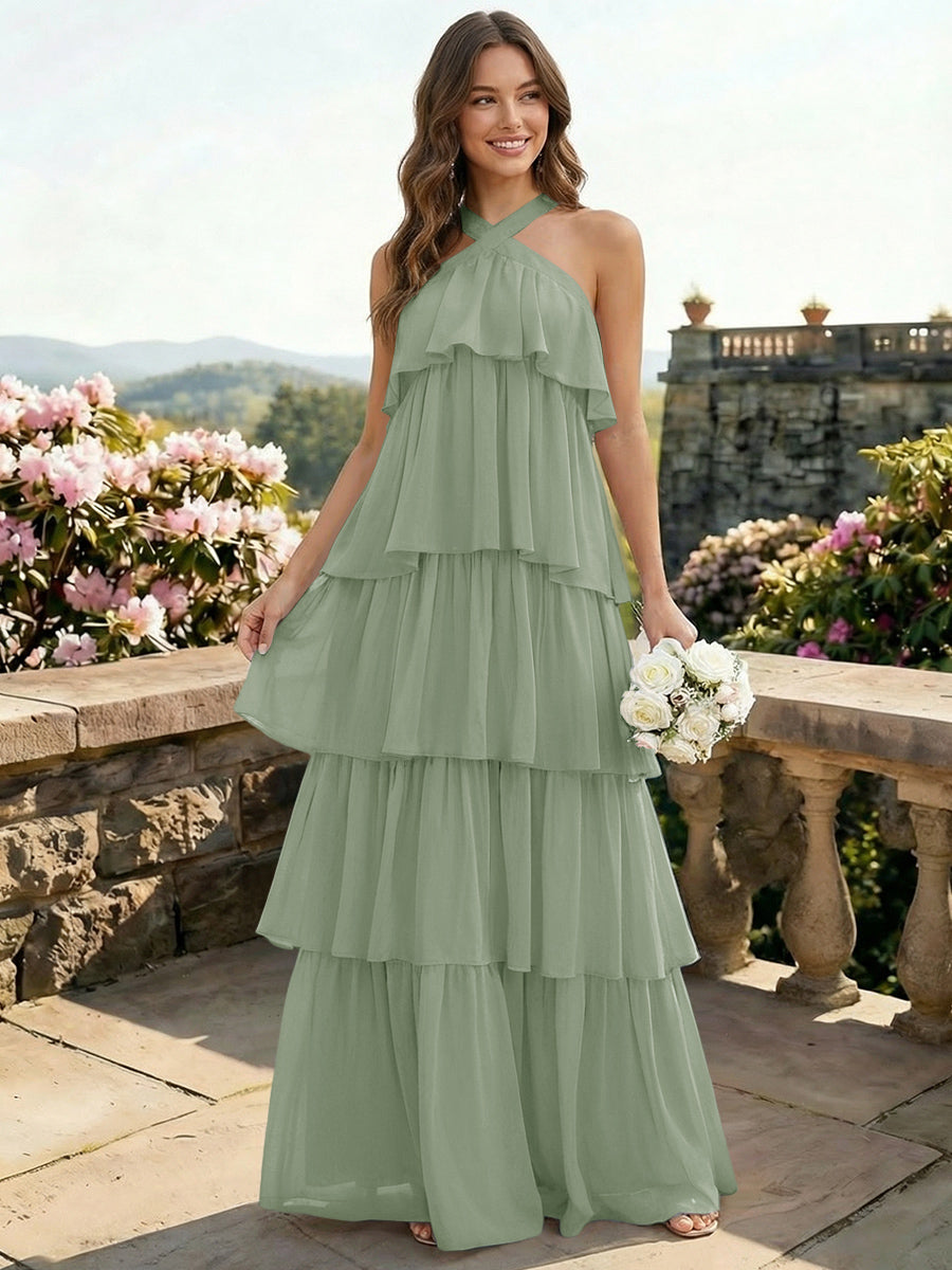 Chiffon Halter Tiered A Line Bridesmaid Dresses