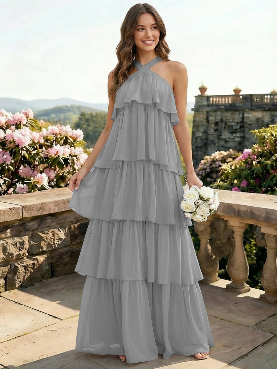 Chiffon Halter Tiered A Line Bridesmaid Dresses