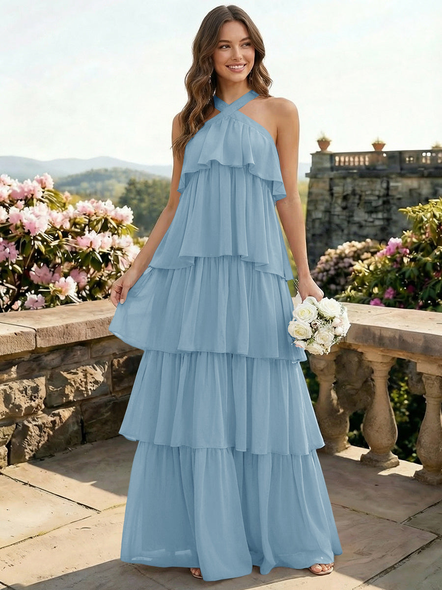 Chiffon Halter Tiered A Line Bridesmaid Dresses