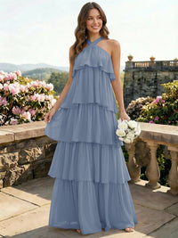 Chiffon Halter Tiered A Line Bridesmaid Dresses