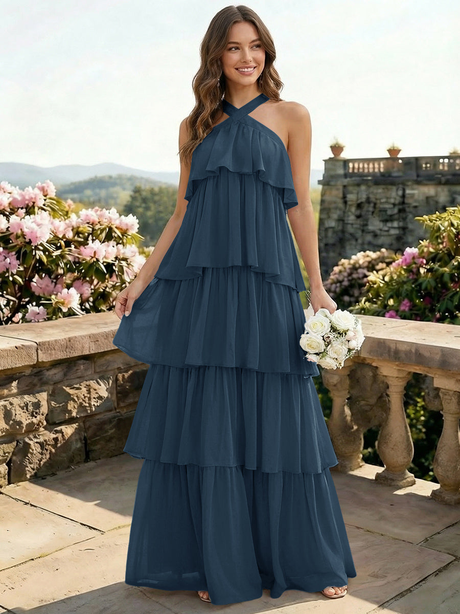Chiffon Halter Tiered A Line Bridesmaid Dresses