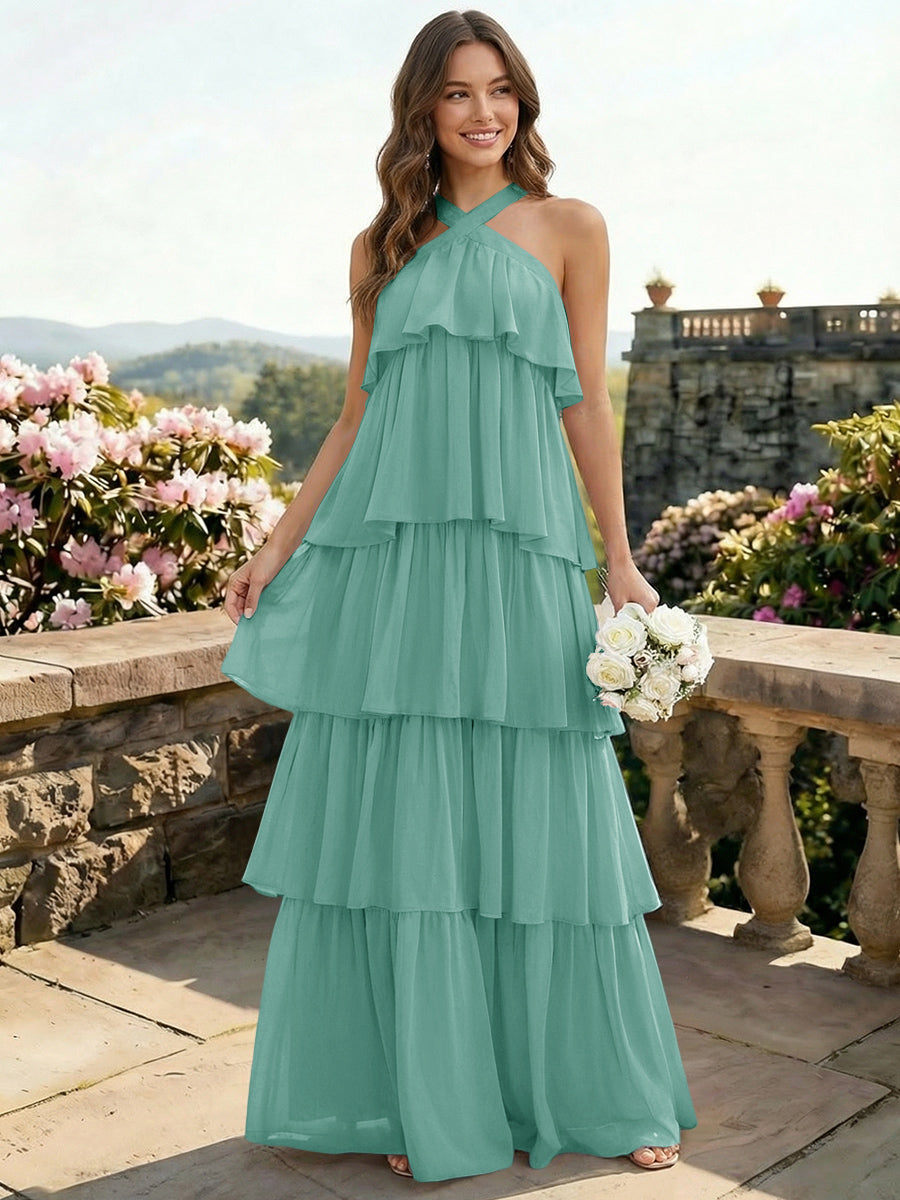 Chiffon Halter Tiered A Line Bridesmaid Dresses
