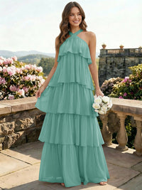Chiffon Halter Tiered A Line Bridesmaid Dresses
